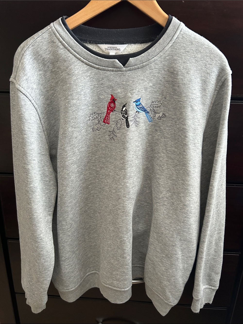 Northern Reflections Gray Crewneck with Red, Black & Blue Bird Embroidery